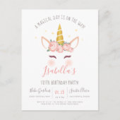 Modern Gold Floral Magical Unicorn Birthday Einladungspostkarte (Vorderseite)