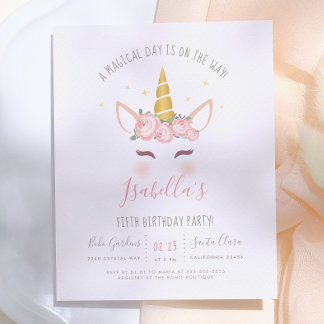 Modern Gold Floral Magical Unicorn Birthday Einladungspostkarte