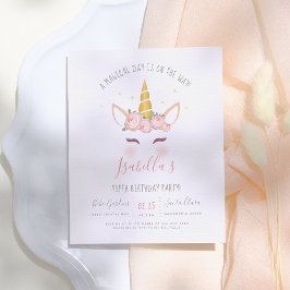Modern Gold Floral Magical Unicorn Birthday Einladungspostkarte