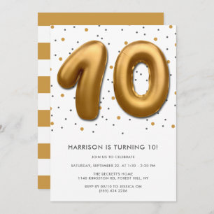 Modern Gold Foil Ballon 10. Geburtstag Einladung