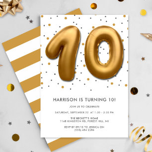 Modern Gold Foil Ballon 10. Geburtstag Einladung