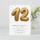 Modern Gold Foil Ballon 12. Geburtstag Einladung (Stehend Vorderseite)