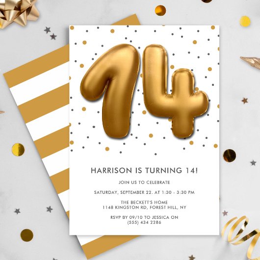 Modern Gold Foil Ballon 14. Geburtstag Einladung