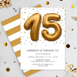 Modern Gold Foil Ballon 15. Geburtstag Einladung