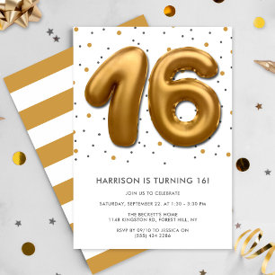 Modern Gold Foil Ballon 16. Geburtstag Einladung
