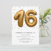 Modern Gold Foil Ballon 16. Geburtstag Einladung (Stehend Vorderseite)