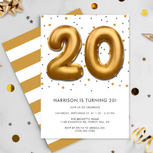 Modern Gold Foil Ballon 20. Geburtstag Einladung