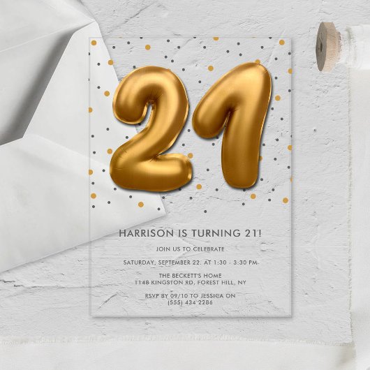 Modern Gold Foil Ballon 21. Geburtstag Acryleinladungen