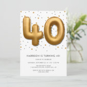 Modern Gold Foil Ballon 40. Geburtstag Einladung (Stehend Vorderseite)