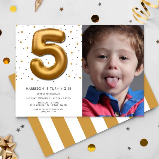 Modern Gold Foil Ballon 5th Birthday Foto Einladung