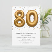 Modern Gold Foil Ballon 80. Geburtstag Einladung (Stehend Vorderseite)