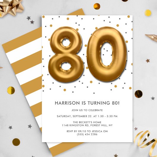 Modern Gold Foil Ballon 80. Geburtstag Einladung