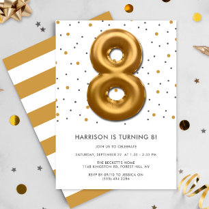 Modern Gold Foil Ballon 8. Geburtstag Einladung