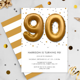 Modern Gold Foil Ballon 90. Geburtstag Einladung