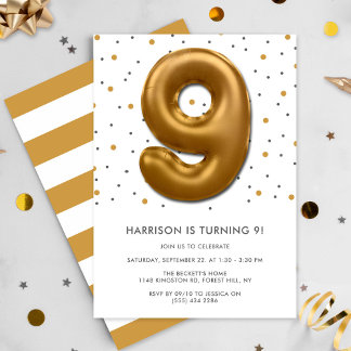 Modern Gold Foil Ballon 9. Geburtstag Einladung