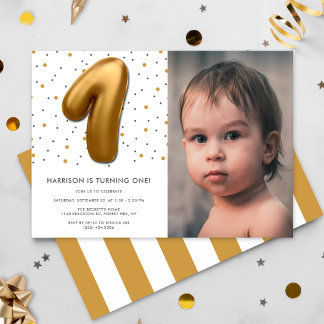 Modern Gold Foil Balloon 1. Geburtstag Foto Einladung