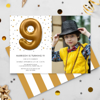 Modern Gold Foil Balloon 9. Geburtstag Foto Einladung