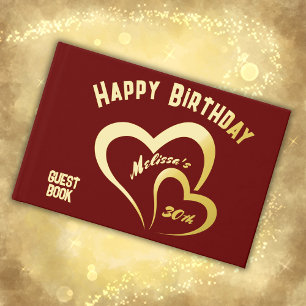 Modern Gold Foil Birthday on Maroon Rec Monogram   Gästebuch