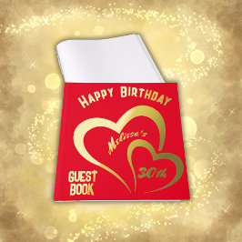 Modern Gold Foil Birthday on Red - Monogram | Gästebuch
