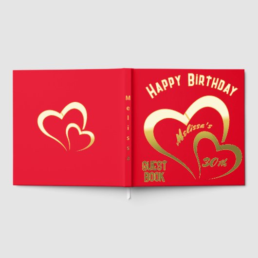 Modern Gold Foil Birthday on Red - Monogram | Gästebuch (Voll)