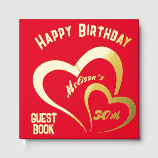 Modern Gold Foil Birthday on Red - Monogram | Gästebuch (Vorderseite)