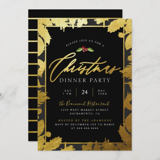 Modern Gold Foil & Black Christmas Dinner Party Einladung (Vorne/Hinten)