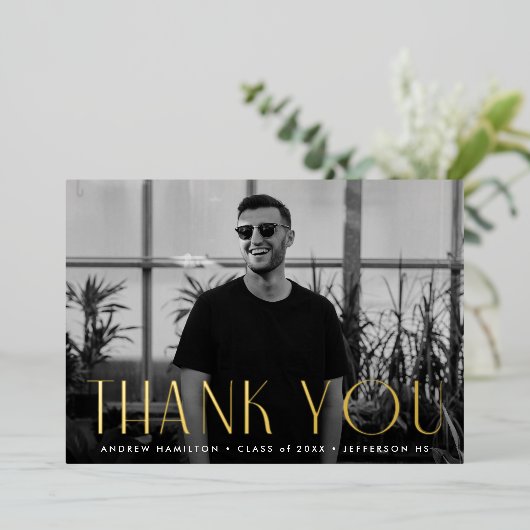 Modern Gold Foil Foto Abschluss Danke Karte (Stehend vorne)