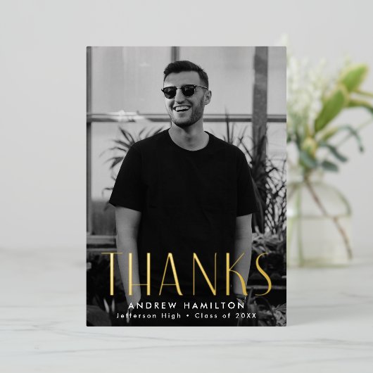 Modern Gold Foil Foto Abschluss Danke Karte (Stehend vorne)