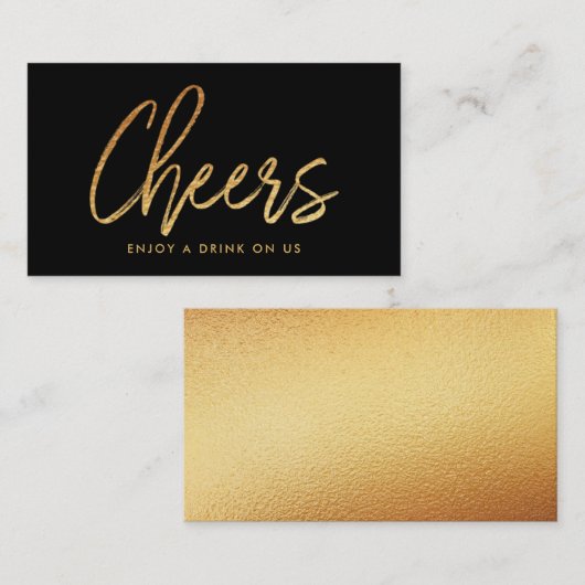 Modern Gold Foil Script "Cheers" Drink Ticket Begleitkarte (Vorne/Hinten)