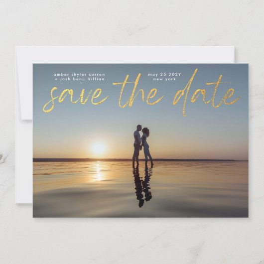 Modern Gold Foil Script QR Code Save the Date Einladung (Vorderseite)
