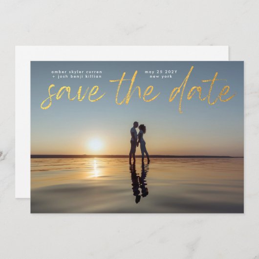 Modern Gold Foil Script QR Code Save the Date Einladung (Vorne/Hinten)