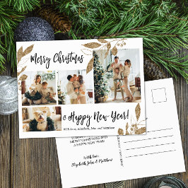 Modern Gold Foliage 4 Foto Collage Weihnachtspost Postkarte