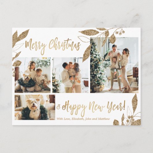 Modern Gold Foliage 4 FotoCollage Weihnachten Postkarte (Vorderseite)