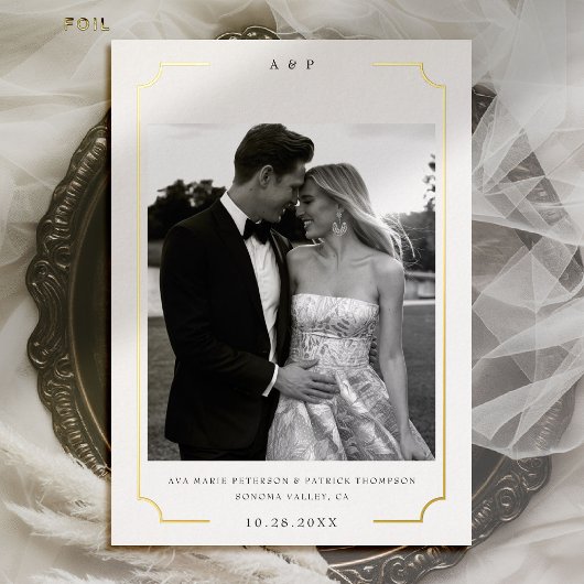 Modern Gold Frame Monogram Foto Wedding Rett Date Folieneinladung