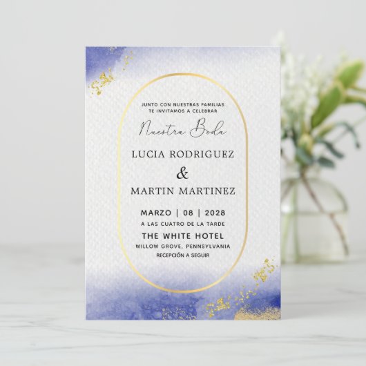 Modern & Gold Frame Nuestra Boda Einladung (Stehend Vorderseite)