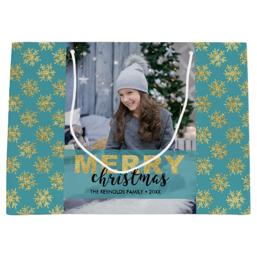 Modern Gold Frohe Weihnachten Foto Große Geschenkt Große Geschenktüte (Vorderseite)