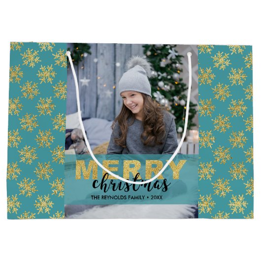 Modern Gold Frohe Weihnachten Foto Große Geschenkt Große Geschenktüte (Rückseite)