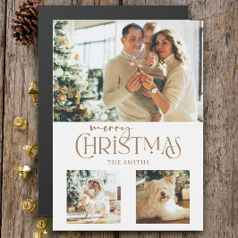 Modern Gold Frohe Weihnachtstypografie 3-Foto Magnetkarte