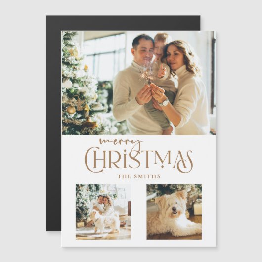 Modern Gold Frohe Weihnachtstypografie 3-Foto Magnetkarte (Vorne/Hinten)