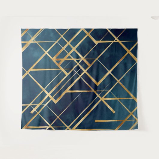 Modern Gold Geometric Blue Design Wandteppich (Vorderseite (Horizontal))