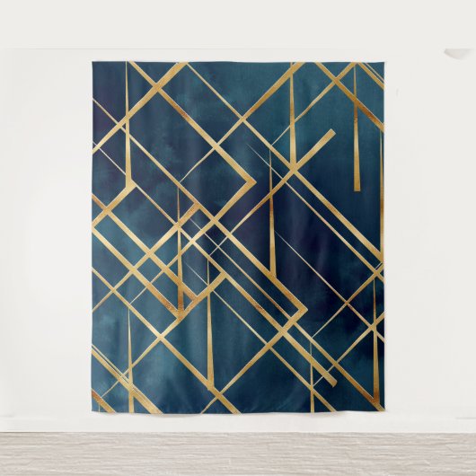 Modern Gold Geometric Blue Design Wandteppich (Vorderseite)
