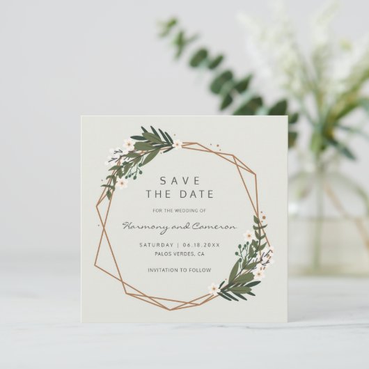 Modern Gold Geometric Greenery Boho Wedding Save The Date (Stehend Vorderseite)