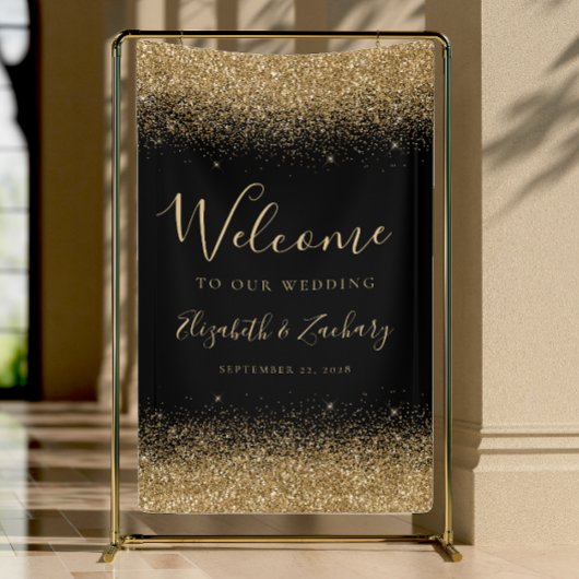 Modern Gold Glitter Black Wedding Welcome Banner
