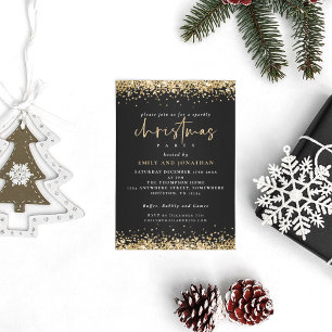 Modern Gold Glitter Christmas Party Black Einladung