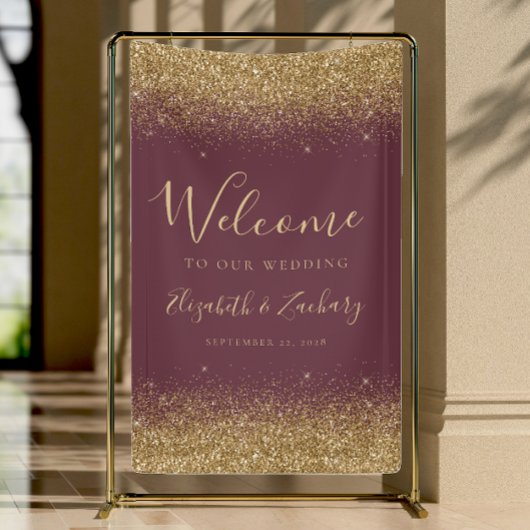 Modern Gold Glitter Dark Burgundy Wedding Welcome Banner