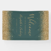 Modern Gold Glitter Dark Green Wedding Welcome Banner (Horizontal)