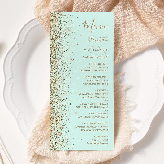 Modern Gold Glitter Mint Green Wedding Menükarte