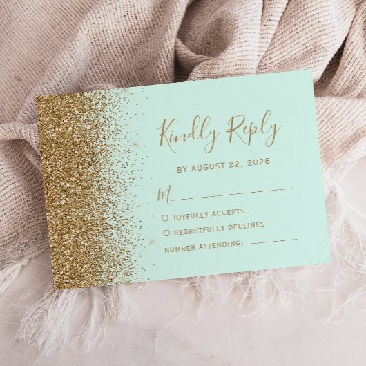 Modern Gold Glitter Mint Green Wedding RSVP Karte