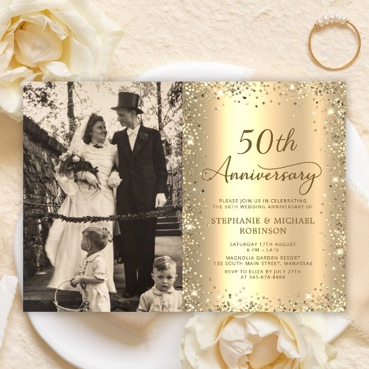 Modern Gold Glitter Photo 50th Wedding Anniversary Einladung
