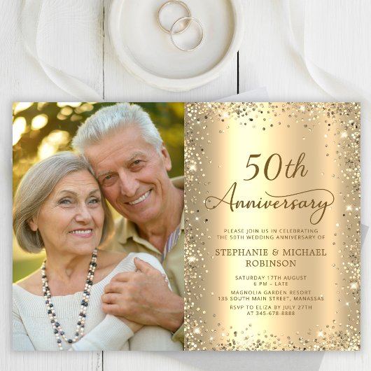 Modern Gold Glitter Photo 50th Wedding Anniversary Einladung